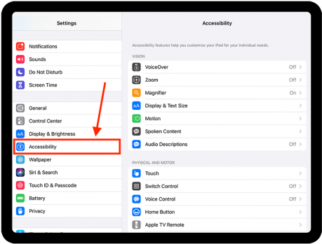 Screenshot of iPad Accessibility menu